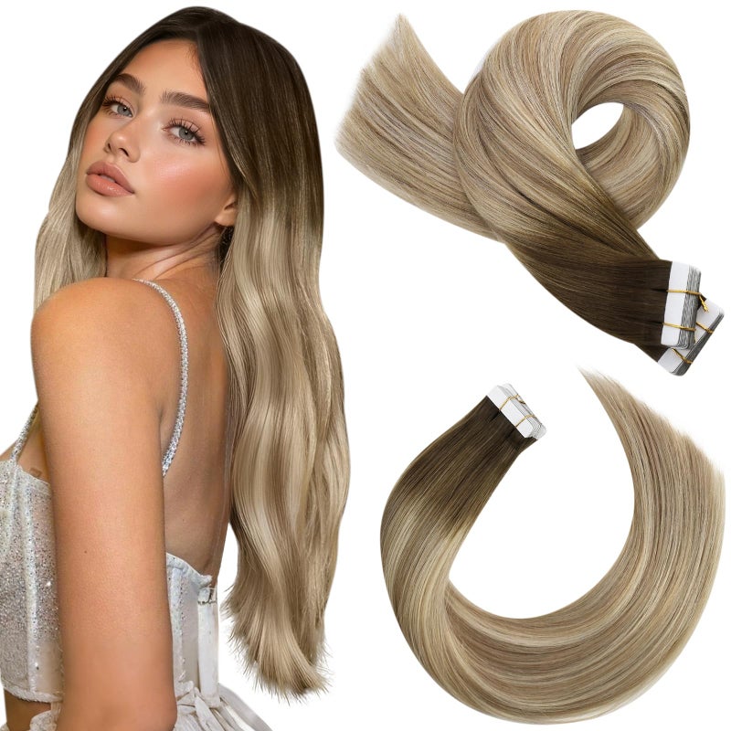 Moresoo Tape in Extensions Human Hair Blonde Tape in Hair Extensions Ombre Brown to Light Brown Mix with Blonde Glue in Human Hair Extensions 12 Inch 3822 20pcs 30g